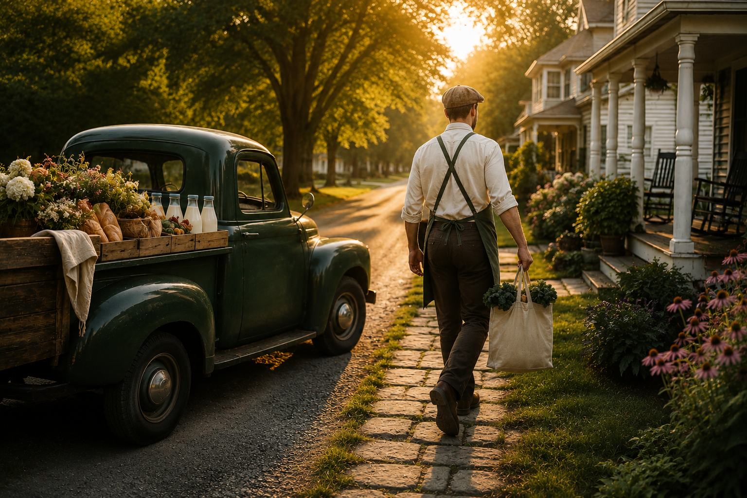 Farmer delivering fresh produce and flowers from a vintage green pickup truck to a front porch at golden hour