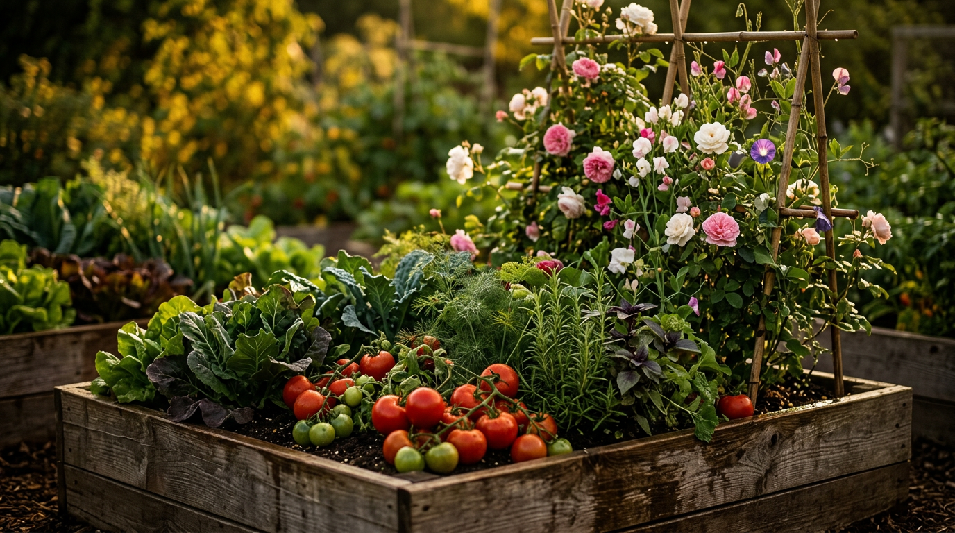 Close-up of a raised wooden garden bed overflowing with lettuces, tomatoes, herbs, and climbing roses at golden hour